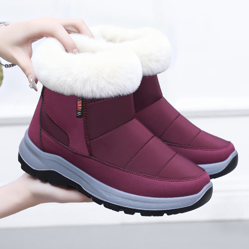 Warrior Mom Snow Boots Elderly Warm Fleece Non-slip Soft Sole Women's Winter Cotton Shoes 1994 Red Size 35