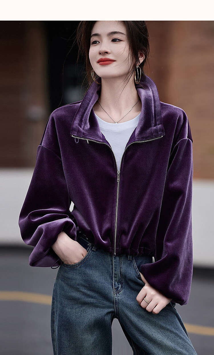 Demana Modern Luxury Spring Autumn Glossy Elegant Velvet Stand Collar Lantern Sleeve Adjustable Drawstring Hem Jacket for Women 12
