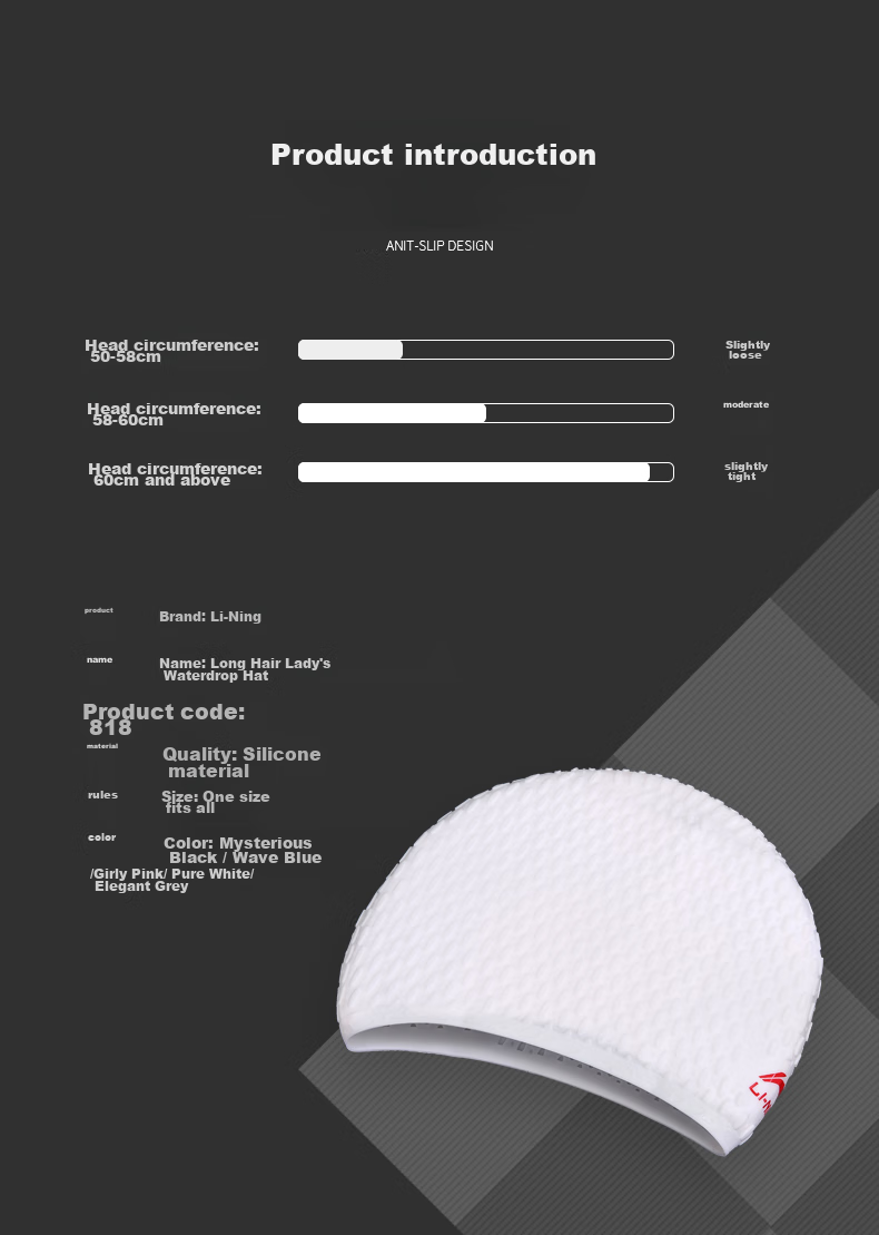 Li-Ning Women's Swimming Cap with Silicone Long Hair, Waterproof, Concave Anti-Slip Particles, Fashionable Swimming Gear, 8189 Light Pink 7