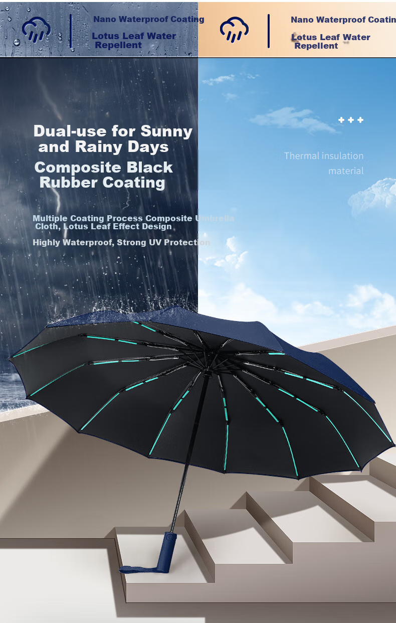 Maoli Fully Automatic Umbrella, 48-Rib Black Rubber Impact Fabric, Reinforced Windproof Folding Umbrella, Sunshade And Parasol 6