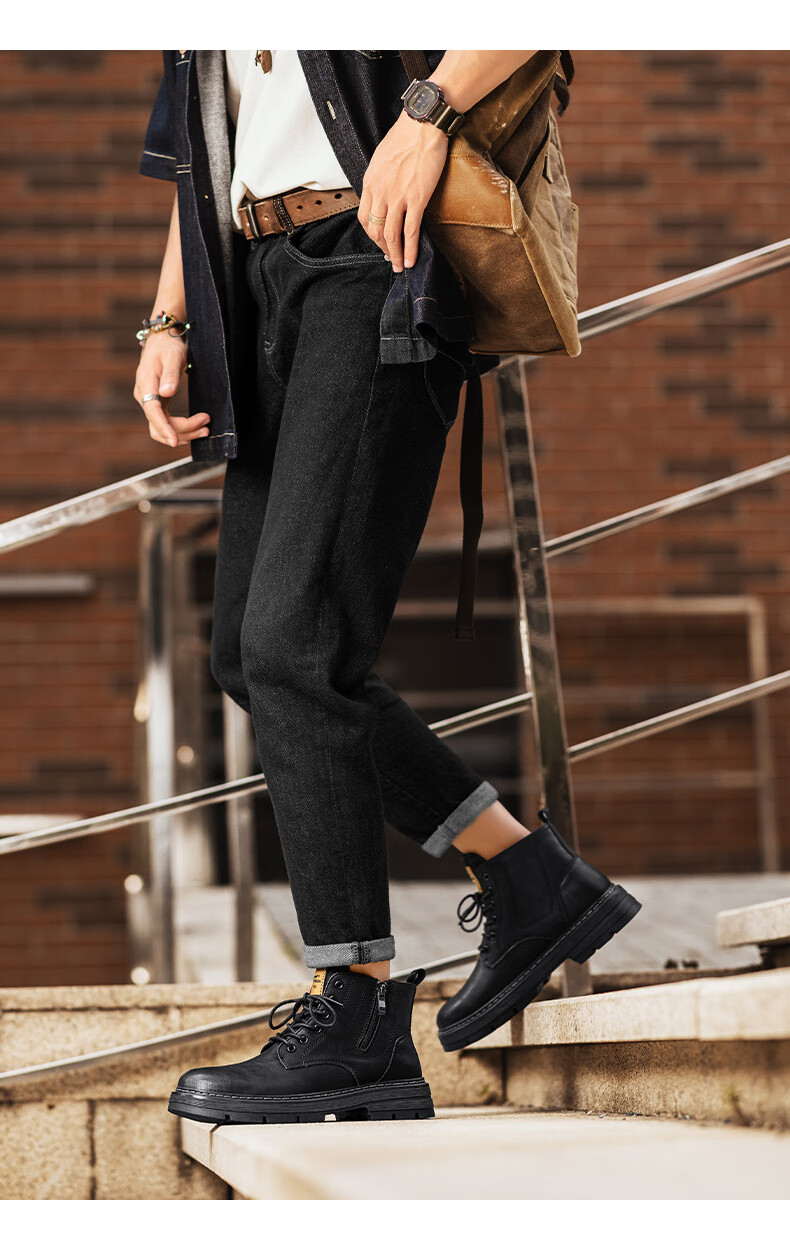 Bull Family [Zhang Ruoyun Same Style] Men's Genuine Leather Martin Boots 2026 Autumn Winter New High-top British Style Work Boots for Men 7