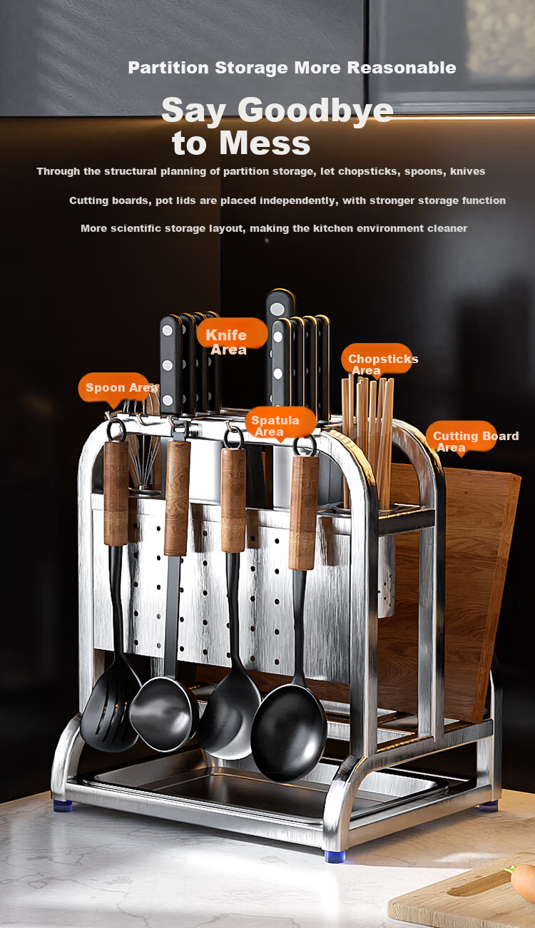 JD Original Silver Knight Knife Holder, Multi-Functional Cutting Board Rack, Knife Storage Rack with Pot Lid And Chopstick Holder [304 Stainless Steel] 2