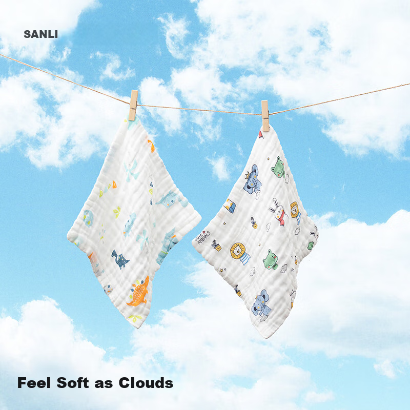 Sanli Pure Cotton 4-Layer Hollow Gauze Children's Towels, 5 Pack, Baby Drool Bibs, Washable Face Towels for Infants And Toddlers, Small Hand Towels