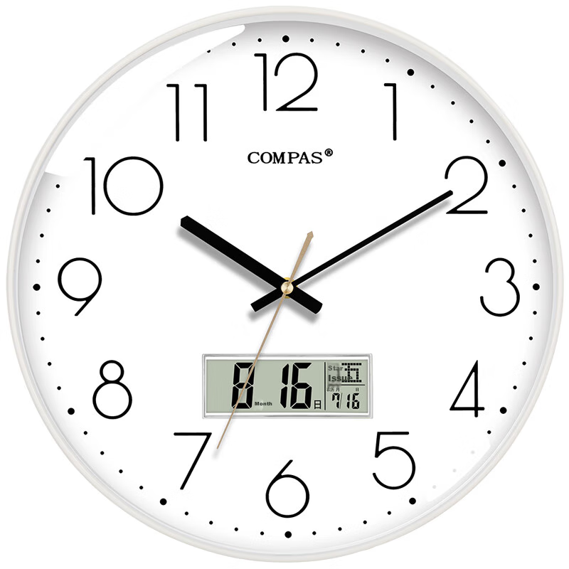 Compas Wall Clock, Living Room Clock, Quartz Clock, Wall-Mounted Timepiece with Calendar, C3219AY Pure White, 35cm