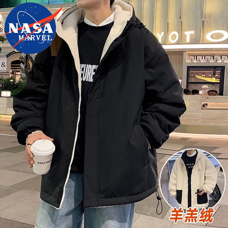 NASA MARVEL Men's Winter Hooded Cotton Padded Jacket Lamb Wool Warm Couple's Puffer Coat Gray Green L