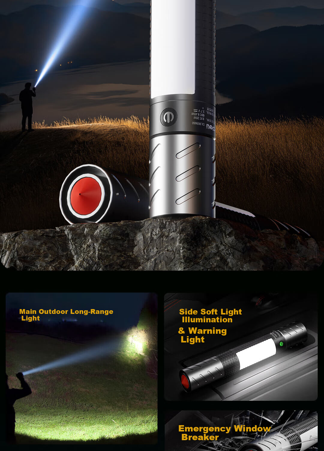 Deli Multi-Functional Window Breaker Flashlight, Long-Lasting Portable Outdoor Car Emergency Camping Lighting, Bulk Head for Home Repair 2