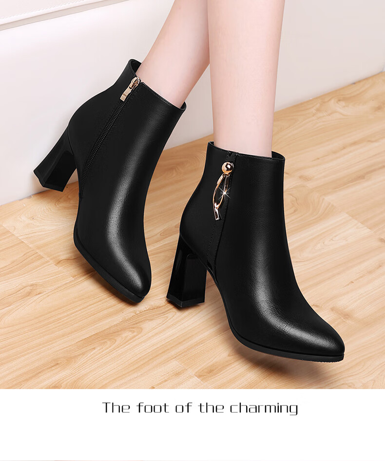 FUGUINIAO Genuine Leather Cowhide Fashion Boots Women Autumn Winter Fleece Lined Warm Short Boots Round Toe Chunky Heel Slim Boots Black Size 37 7