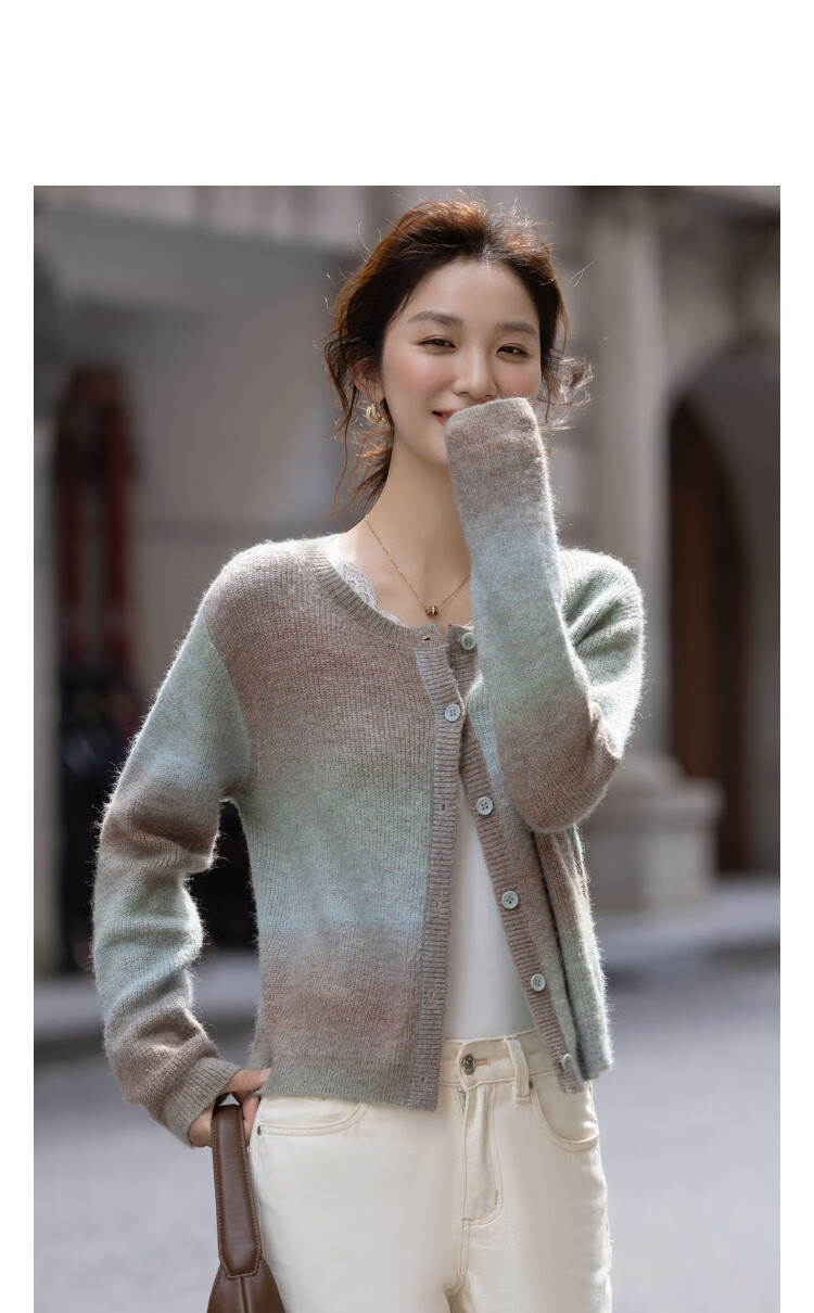 Dme [Containing Fluffy Merino Wool Cardigan], Autumn Gradient Tie-Dye Sweater, Round Neck Loose-Fitting Concealing Knit Top for Wome 2
