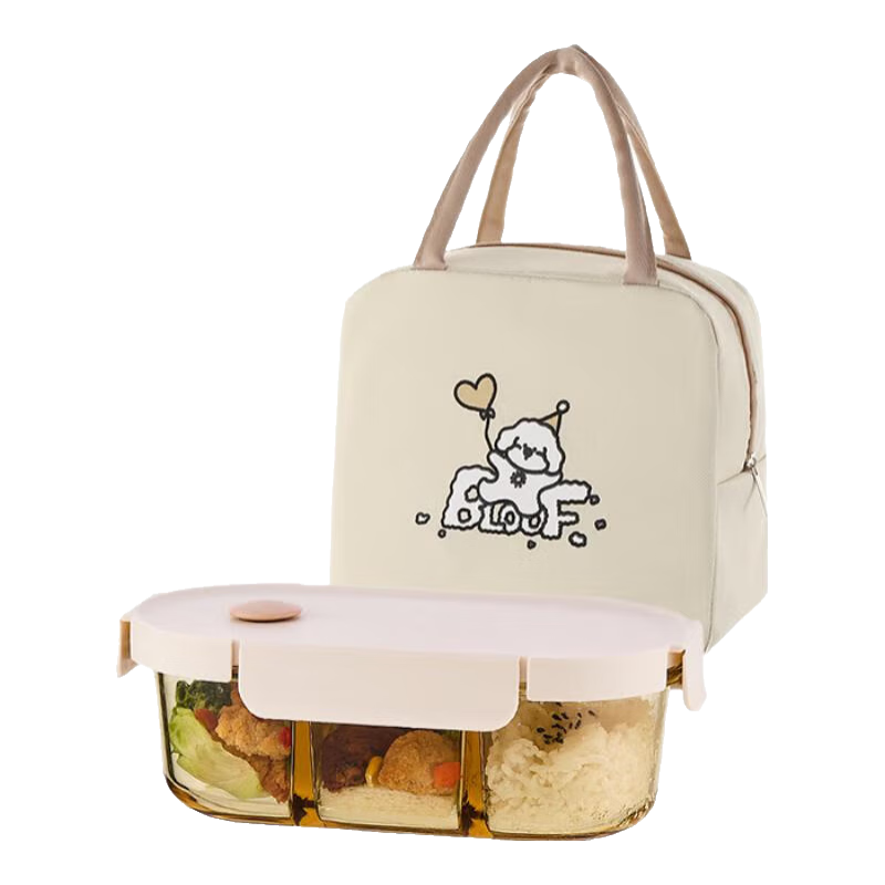 Cilock Glass Lunch Box for Office Workers, Microwaveable Student Meal Container, Oval Three-Compartment with Bag
