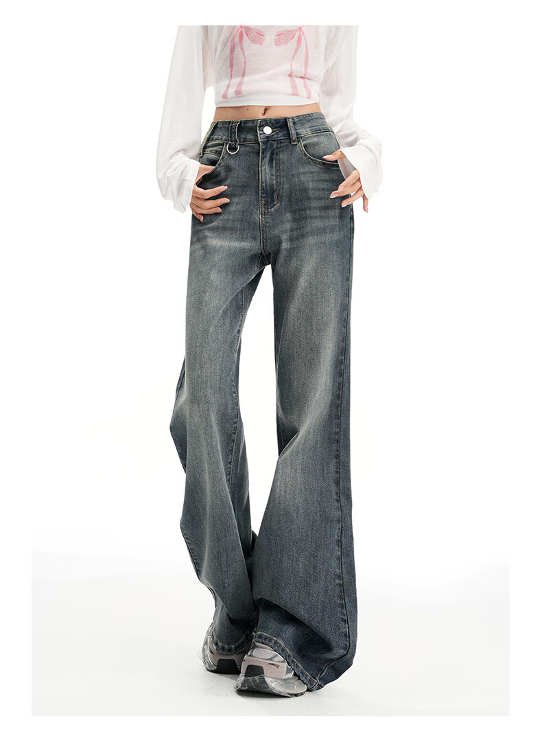 Jeanswest Women's Spring Summer High Street Slim Fit High Waist Straight Wide Leg Flared Floor-Length Jeans Retro Blue M 6