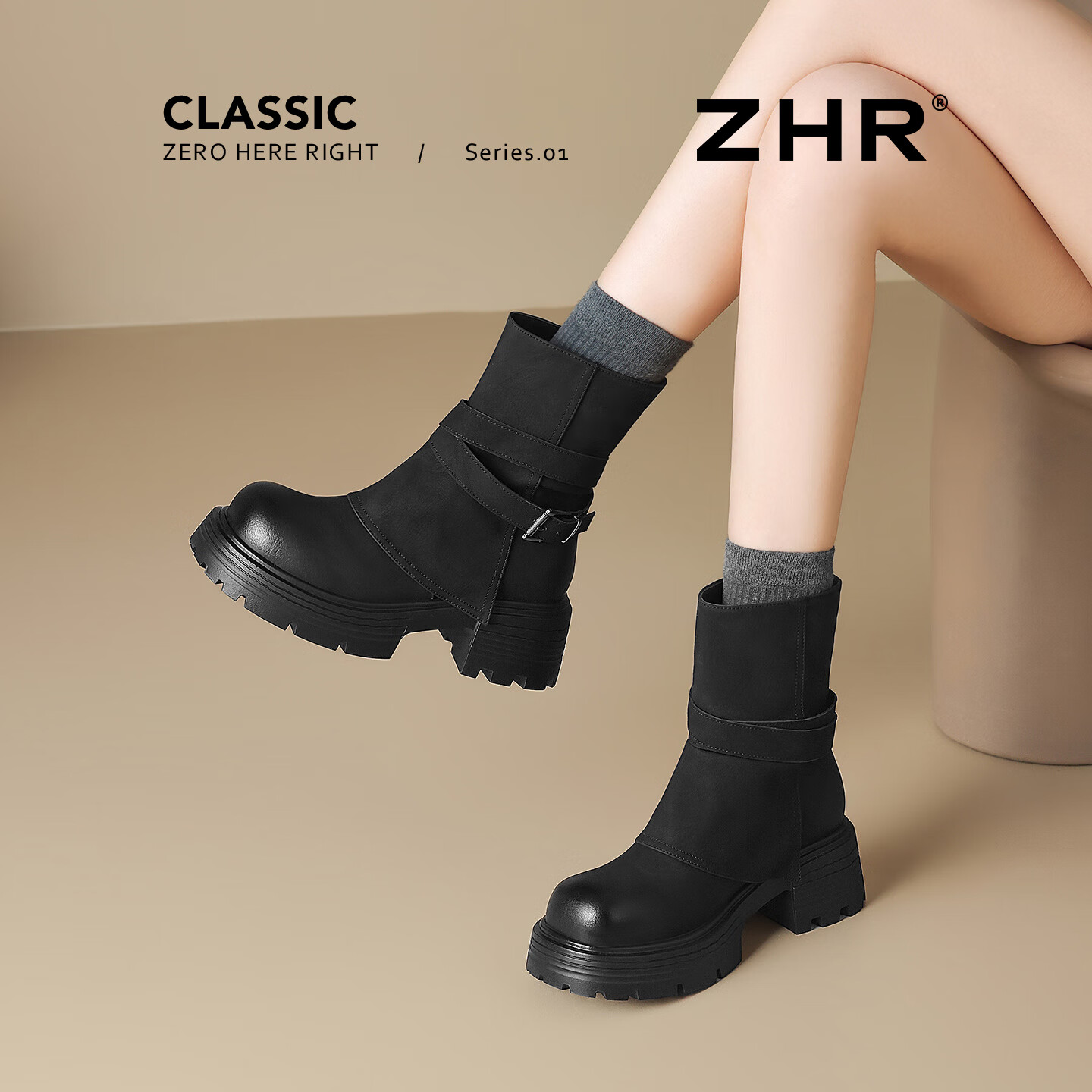 ZHR [Xu Ruohan Same Style] Fleece-Lined Short Boots Women Winter Thick-Soled Martin Boots Snow Boots KN261A Black Size 37