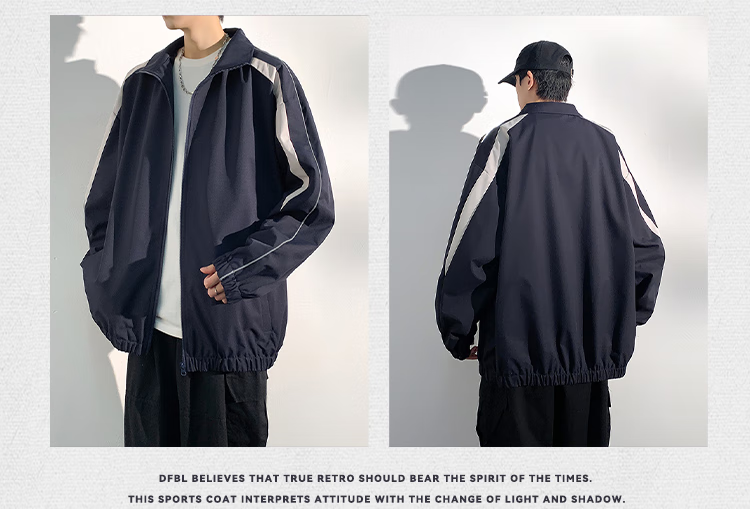 Dingfengbaoluo Port Style Stand Collar Jacket Men Spring Casual Fashion Loose Sports Coat MUY24 Khaki S 3