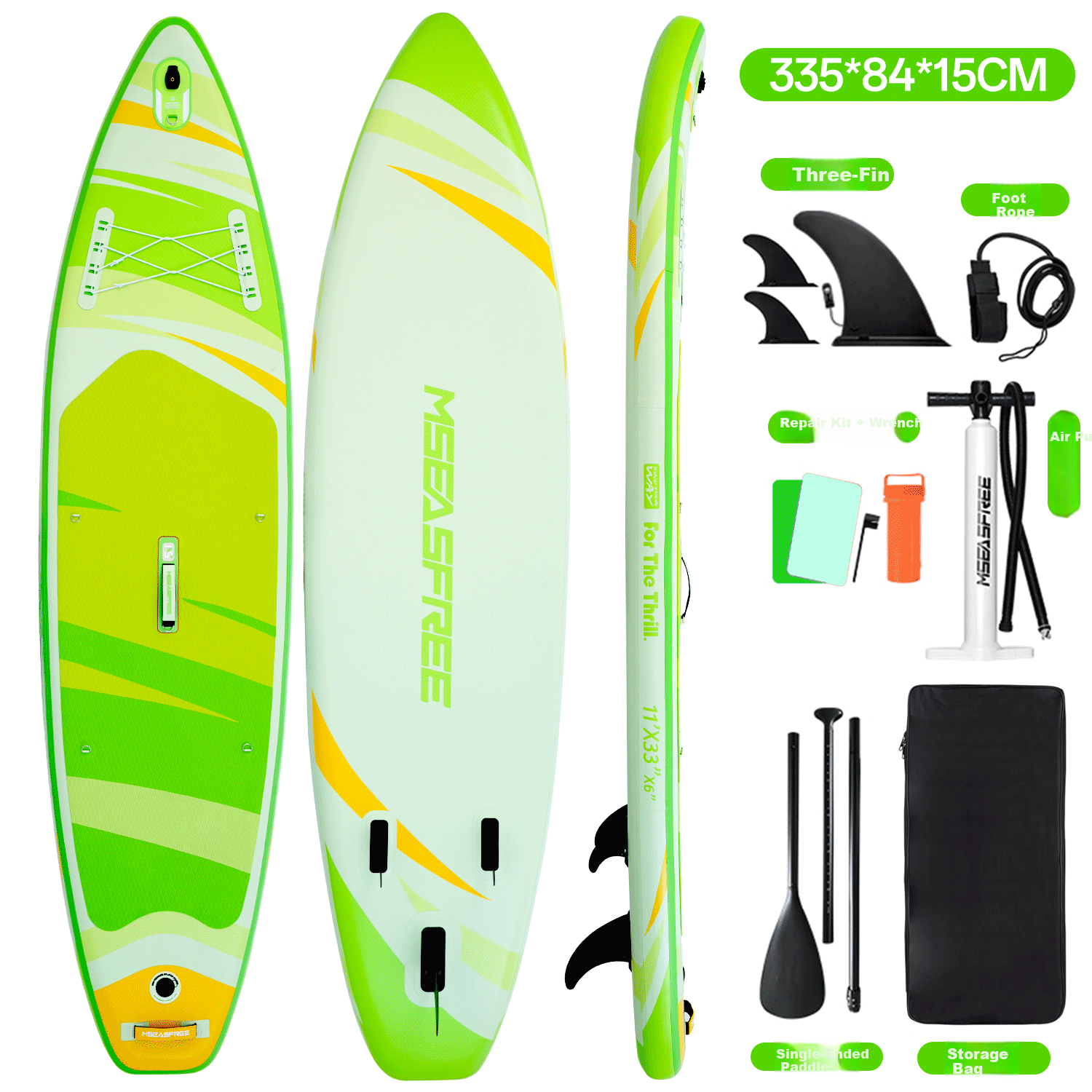 MSEASFREE 2025 New Inflatable Surfboard Paddle Board for Swimming, Fishing, Sea And Water Activities, Adult Beginner SUP Green Apple