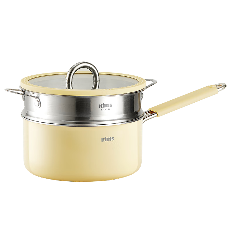 Kims Cook Non-Coated 316L Stainless Steel Ceramic Baby Food Pot Milk Warmer Soup Pot 18cm Yellow with Steamer Basket