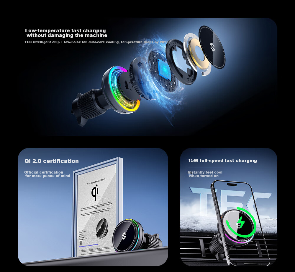 Heisha Car Wireless Charging Phone Holder, Magnetic Cooling Stand for Car Charger, Compatible with Apple, Huawei, Xiaomi, Low Temperature Fast Charging, Strong Magnetic Attractio 2