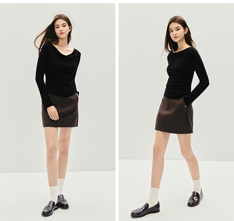 Semir Women's Long Sleeve T-shirt Short Thin Solid Color Design Sense 2025 Autumn Slim Dangling Neck Pullover 107625101001 14