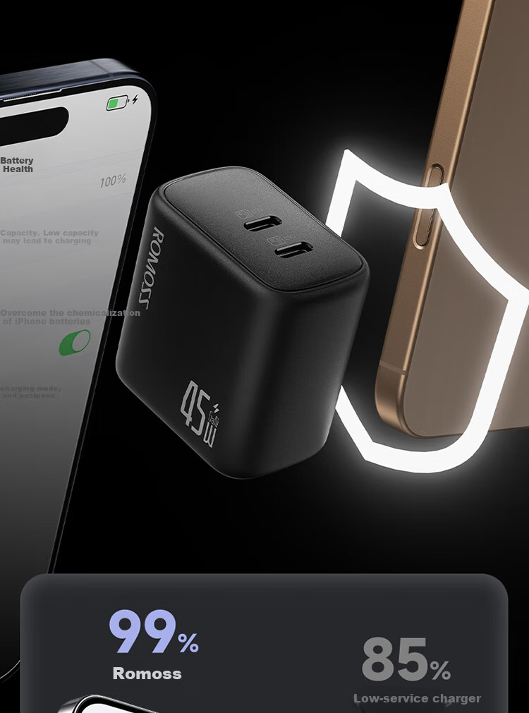 ROMOSS 45W Gallium Nitride Apple 16 Charger, IPhone 16 Pro MAX Charging Head, Multi-Port Fast Charging, Compatible with PD30W, for Apple 15/14, Samsung S24, Phones, Tablets, Laptops 11