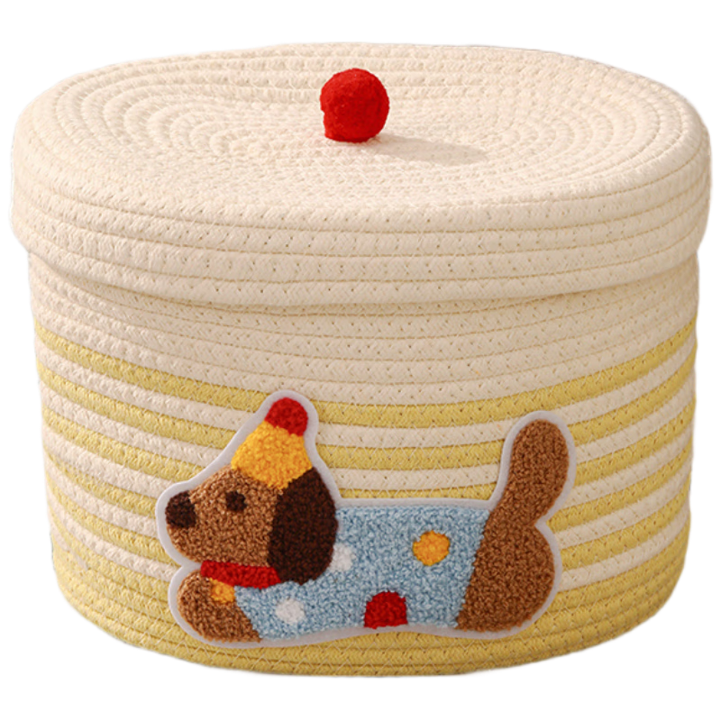 Fan Ye Polka Dot Dog Woven Storage Basket with Lid Dustproof Large Capacity Snack and Toy Organizer