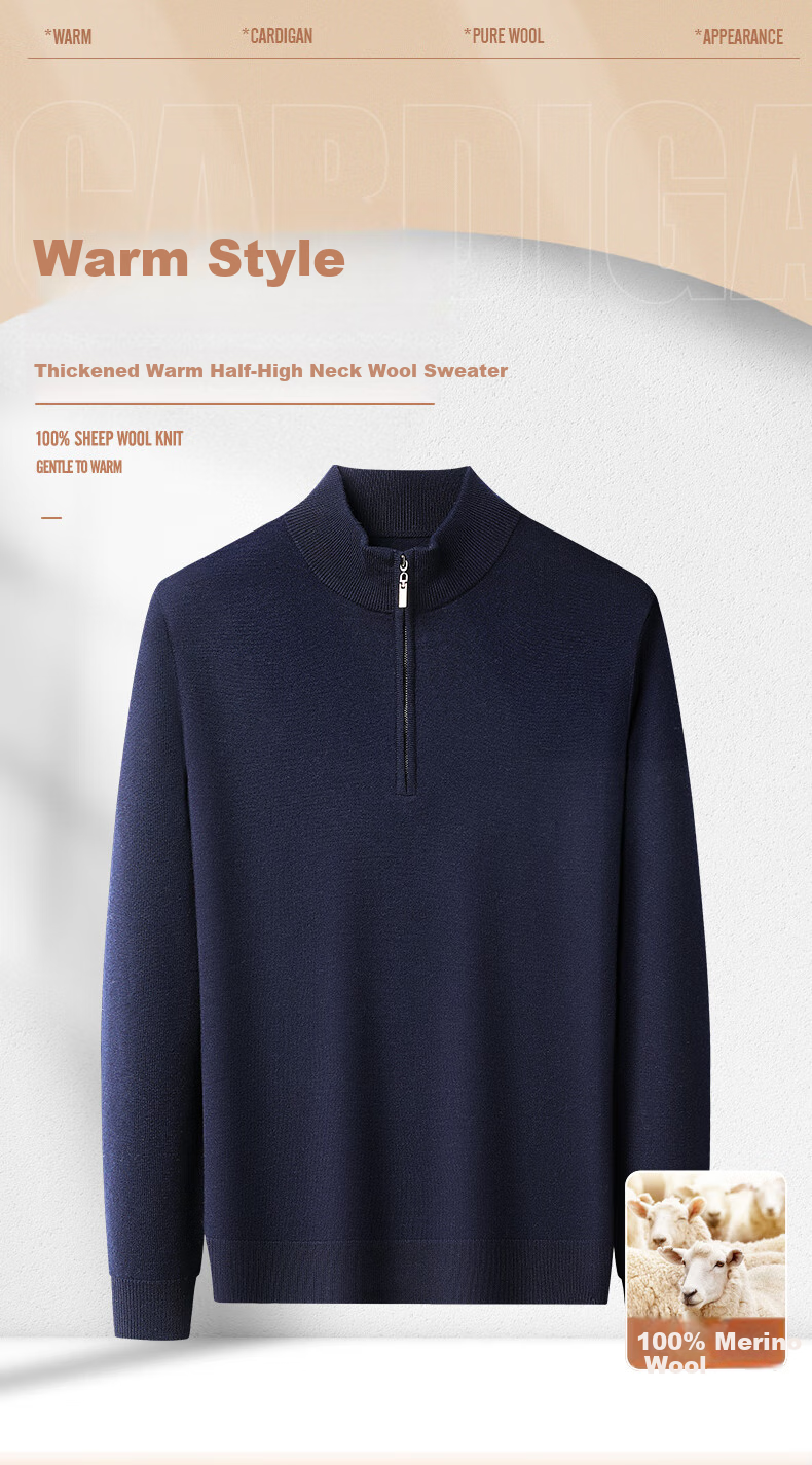 Hengyuanxiang Men's Thick Wool Sweater 100% Pure Wool Autumn Winter Zipper Half Turtleneck Warm Casual Knitwear 1