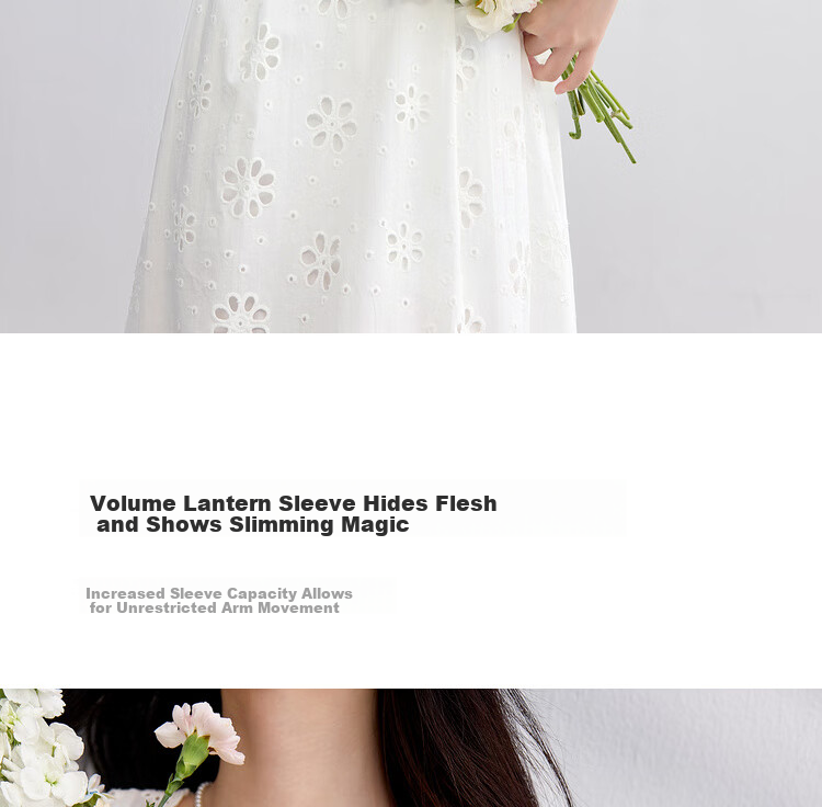 Sentubila Pure Cotton Lace V-Neck Lantern Sleeve White Dress for Women, Summer Elegant Pearl Button Embroidered A-Line Slimming Mid-Length Dress 7