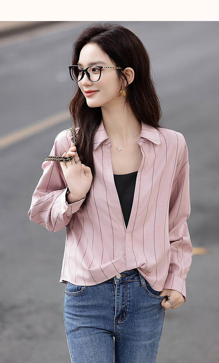 Demana Order Sense Striped Autumn Korean Style Cross Lapel Shirt with Pocket and Pleated Hem Women's Top 8