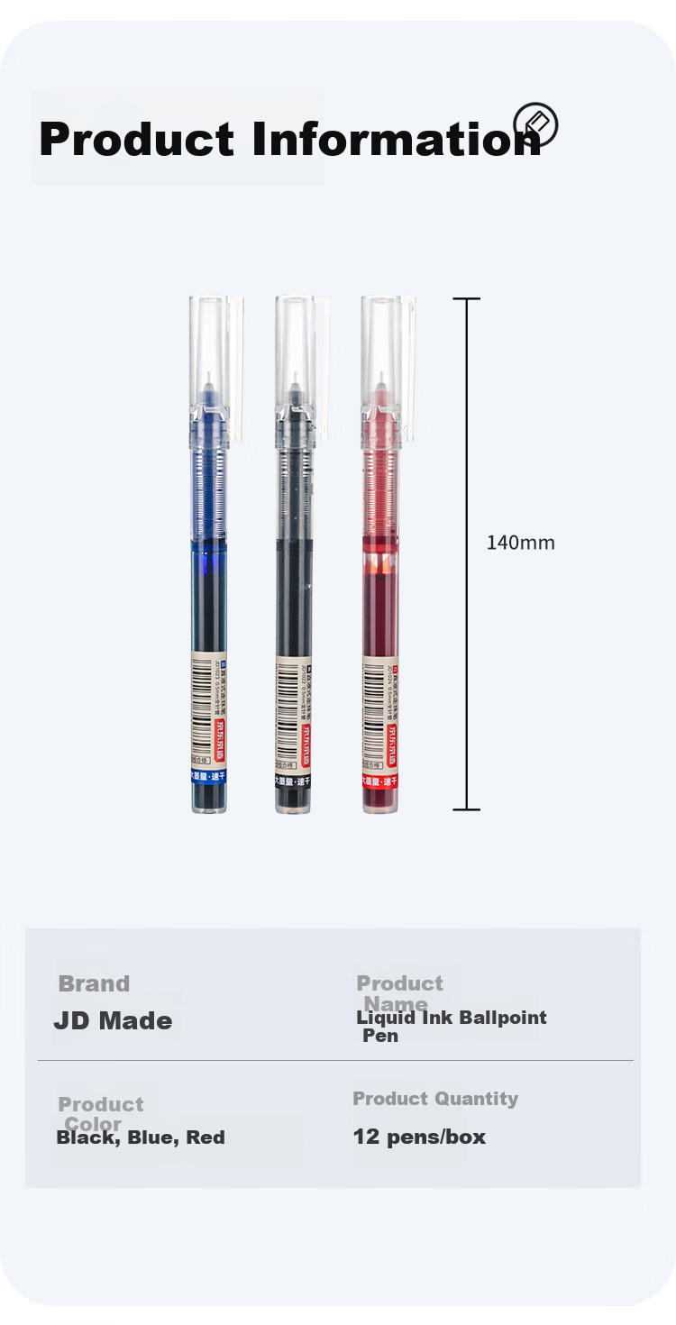 JD Original [Best-Selling Product] Full Needle Tube Direct Liquid Rollerball Pen, 1100m Quick-Drying Gel Pen, Signature Pen, Business Office Student Exam Writing Pen, Blue, 12-Pack 15