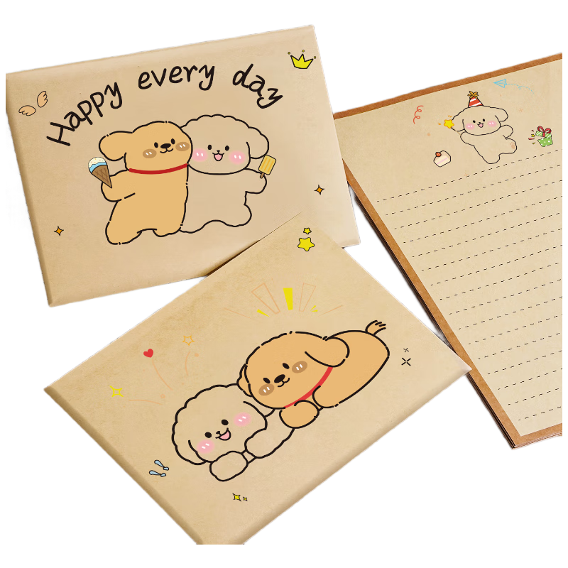 Grass Envelope Stationery with Line Drawing Puppy Birthday Card Cute Handwritten Letter Postcard Romantic Love Letter Paper for Girlfriend 10 Envelopes + 10 Sheets + 10 Sealing Stickers