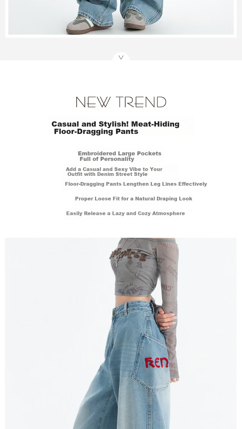 LangSha Embroidered Wide-Leg Jeans for Women, Spring 2025 Thin Vintage Style with Large Pockets, High-Waisted Washed Straight-Leg Jeans 2