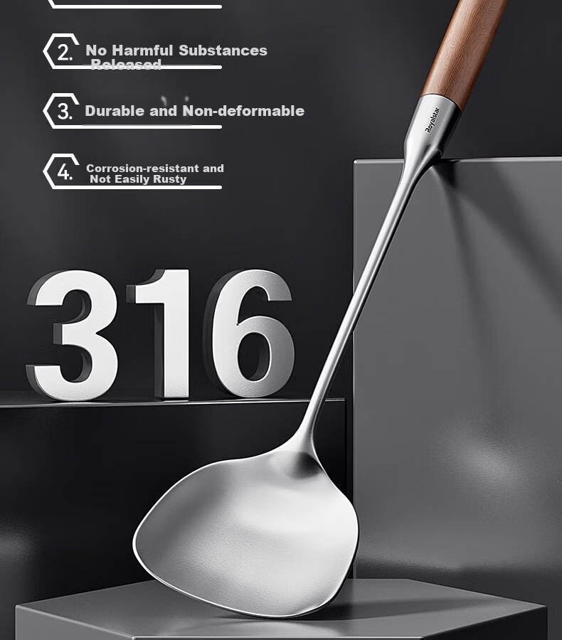 Aishida 316 Stainless Steel Spatula with Integrated Handle, Thickened Cooking Utensil, Heat-Resistant Pear Wood Handle 4