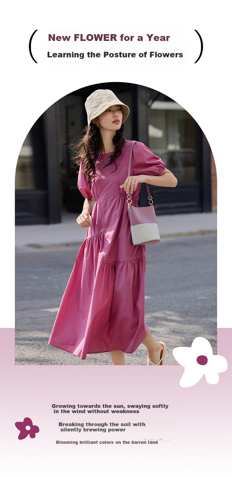 Dme [Puff Sleeve Ruched Dress] Summer Dopamine Sweet Style Round Neck Dress 3