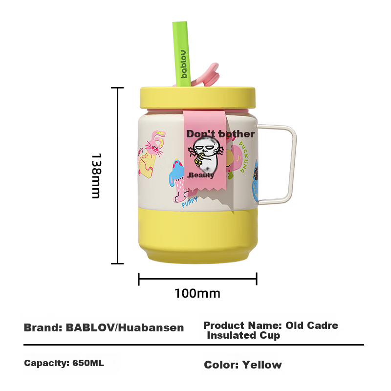 BABLOV Children's Insulated Cup, Stylish Large Capacity Coffee Mug for Girls, Stainless Steel Straw Water Bottle, Gift Cup