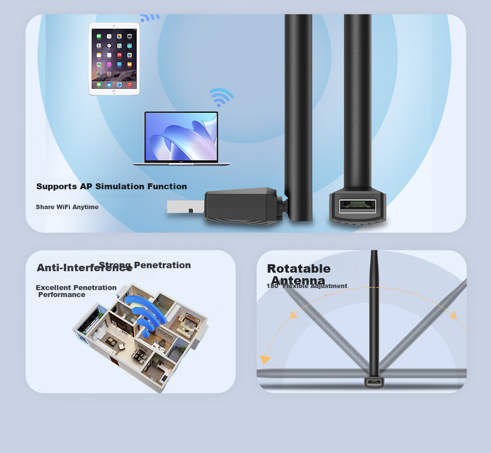 Tengfei USB Wireless Network Adapter, Desktop Computer WiFi Receiver, Compatible with Desktop And Laptop Computers, External Network Card with Unlimited WiFi Transmitter 4