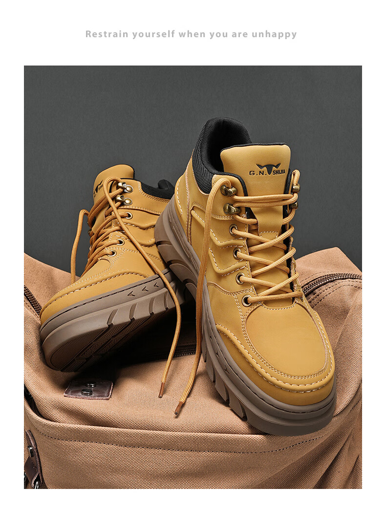 Bull Family Martin Boots Men Autumn Winter New High-top Durable Work Boots Thick Sole Height Increasing Yellow Boots Men's Versatile Biker Shoes 16