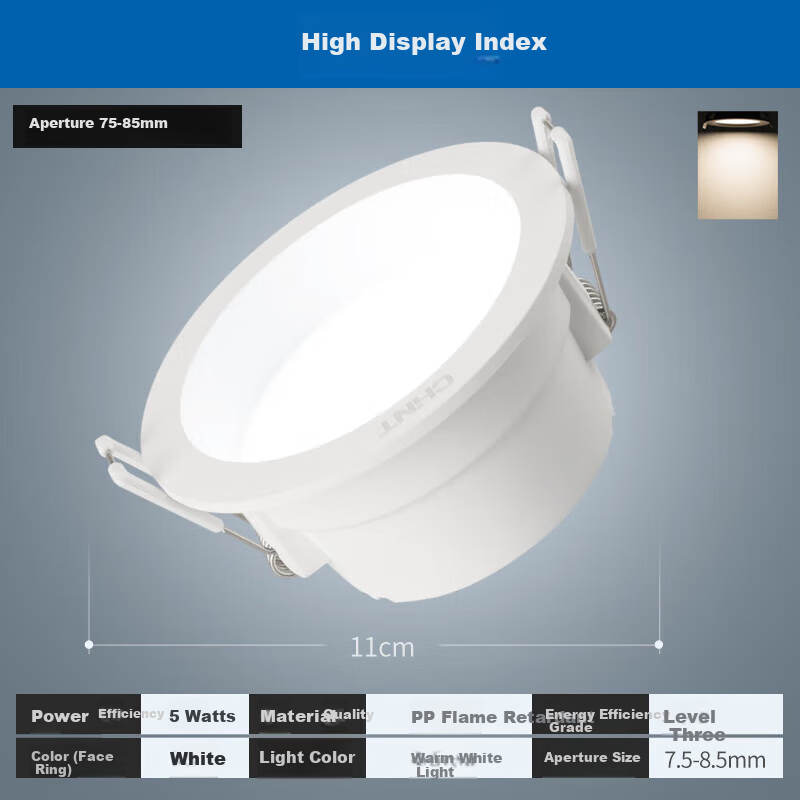 CHNT LED Anti-Glare Downlight for Living Room, Bedroom, Hallway, Recessed Ceiling Light, White Paint Finish, 5W Warm White, Cut-Out Size 75-85mm