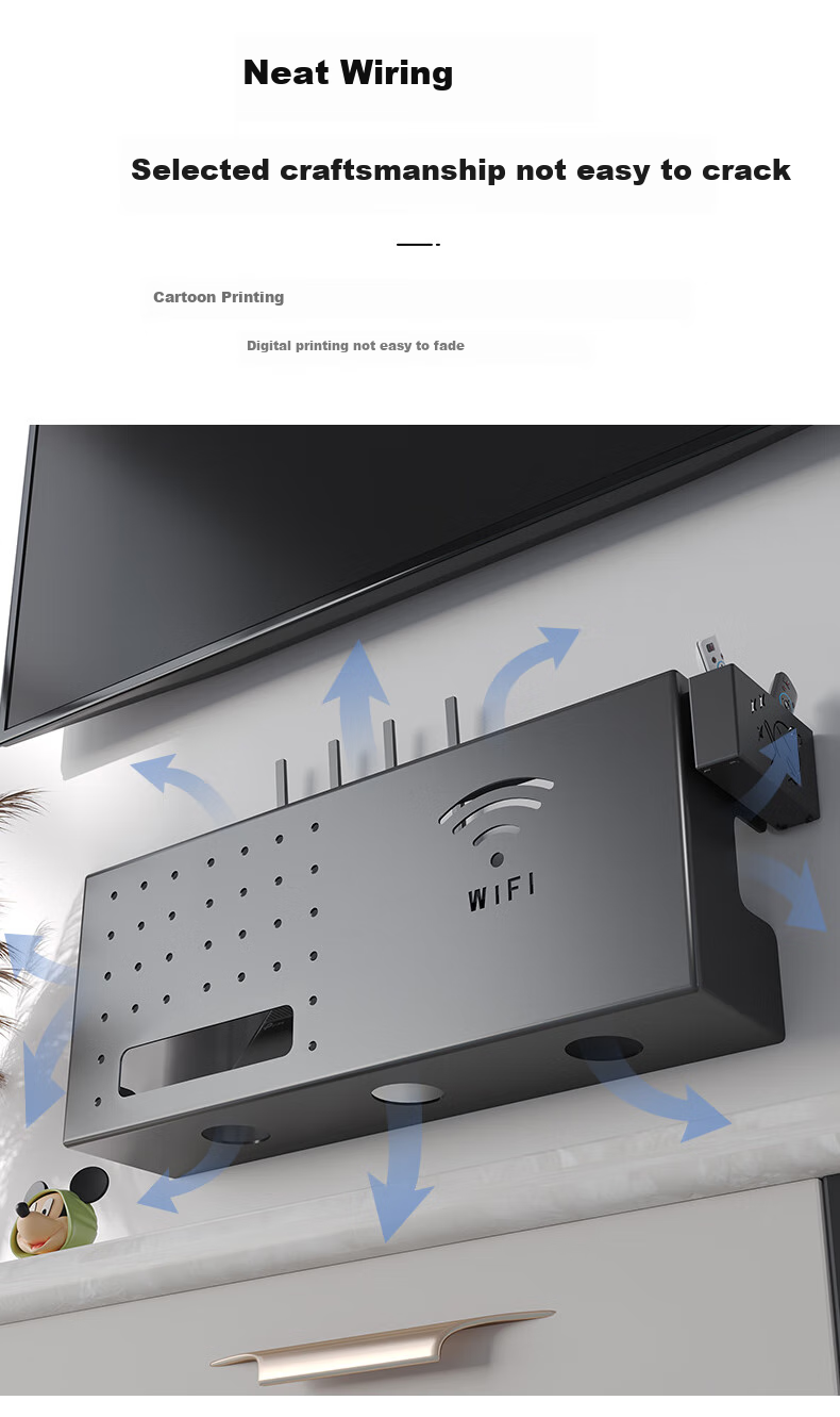 Shuranjia Router Storage Box, Wireless WiFi TV Set-Top Box Shelf, Carbon Steel Black, Size 06 9
