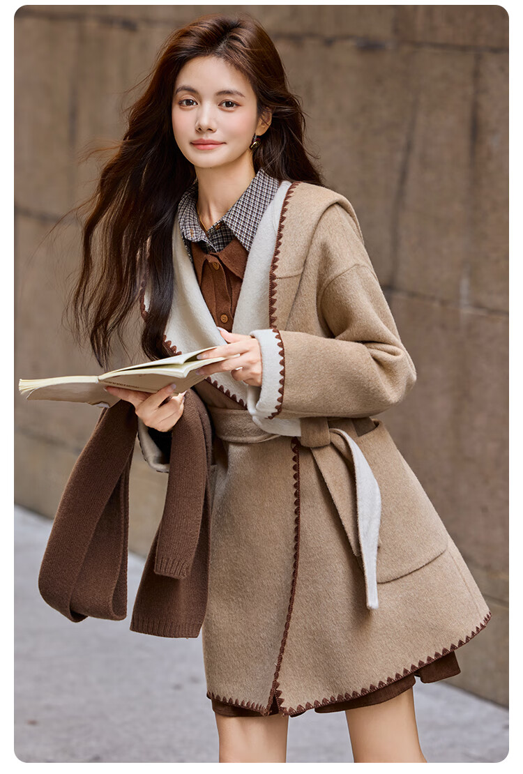 Bailuyu Hooded Wool Blend Double-Faced Woolen Coat 25 Winter New Elegant Fashion Mid-Length Women's Oatmeal XL 2