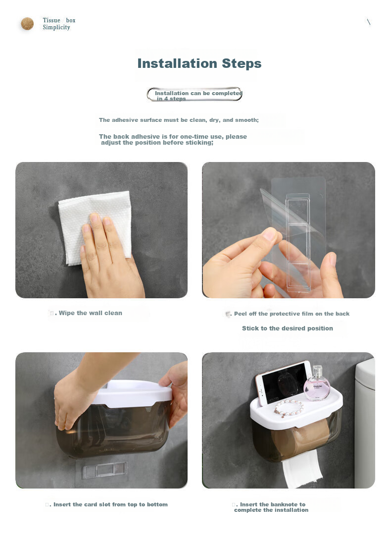 MENGTING Toilet Paper Holder, No Drilling Required, Bathroom Tissue Dispenser, Wall-Mounted Roll Paper Storage Rack, Waterproof Tissue Box 13