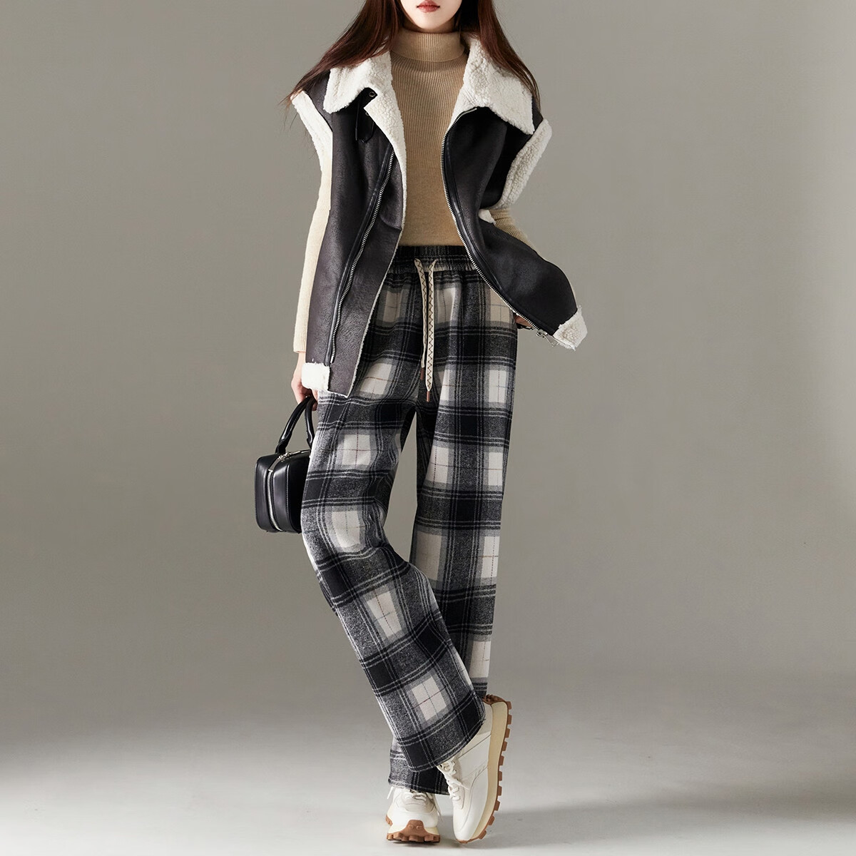 Demana [Fashion Plaid] Winter Little Chanel Style Elastic Waist Wide Leg Pants Fleece Lined Slightly Stretchy Casual Trousers for Women