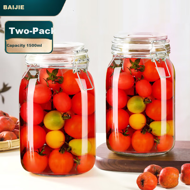 Baijie Glass Storage Jar, Airtight Container for Liquor Infusion, Glass Bottle for Honey, Canned Food Jar, Pickle Jar, 1500ml*2