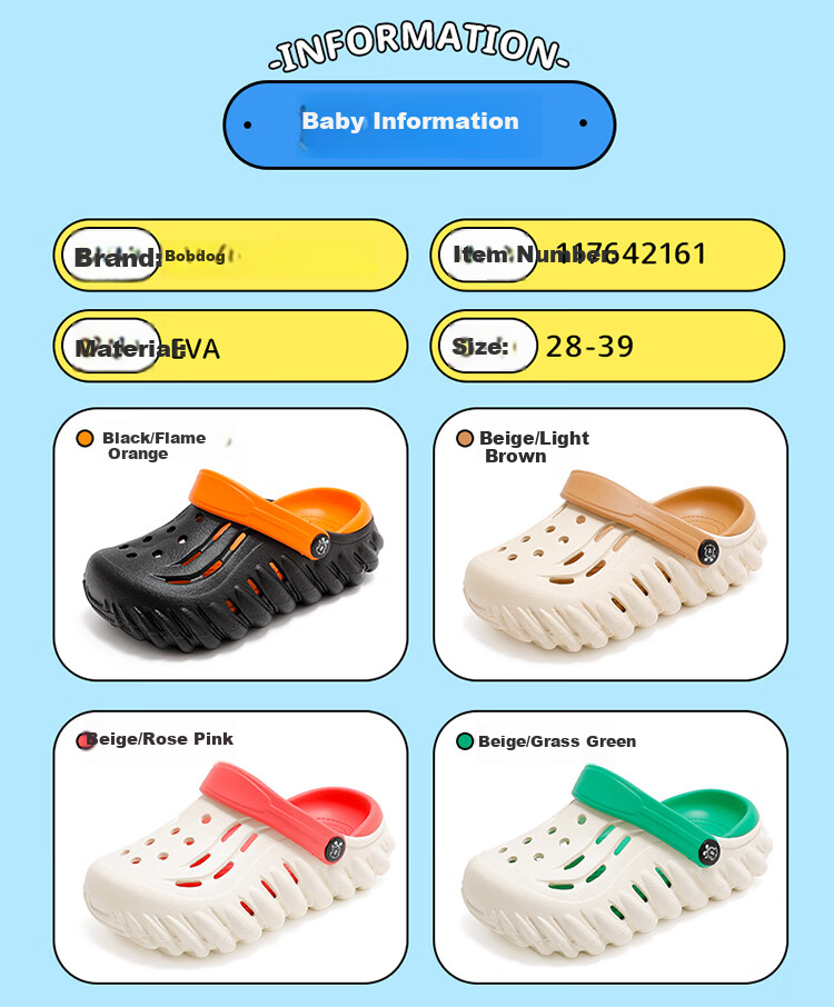 BOBDOG Children's Sandals, Boys' Sandals, Soft-Soled Hole Shoes, Summer Kids' Slippers, 117642161, Beige/grass Green, Size 32-33 1