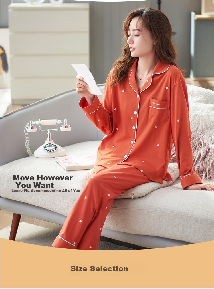 Mianjiyin Women's Pajamas, Spring And Autumn Season, 100% Pure Cotton, Lapel Cardigan, Printed All-Cotton Long-Sleeve, Wearable Outside, Home Loungewear Set 9