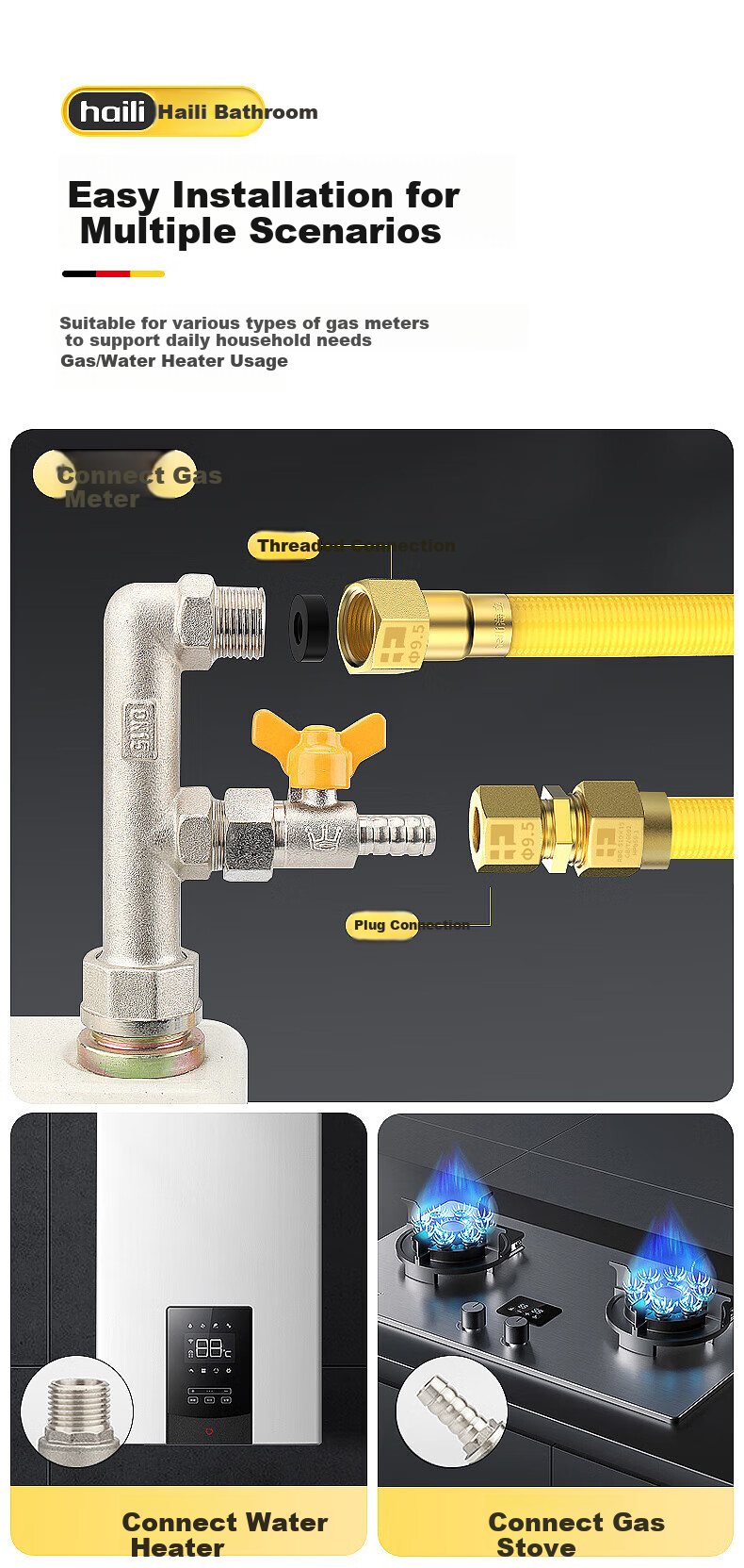 Haili 5-Meter Natural Gas Dedicated Flexible Pipe, Corrugated Pipe, National Standard Household Stainless Steel Gas Stove And Water Heater Connection Hose 23
