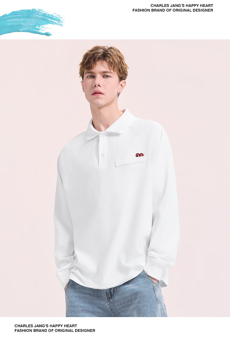 Charles Peach Heart Vintage Polo Shirt Unisex Autumn Trendy Loose Fit Classic Collar Solid Color Couple Long Sleeve Light Heather Gray XS 4