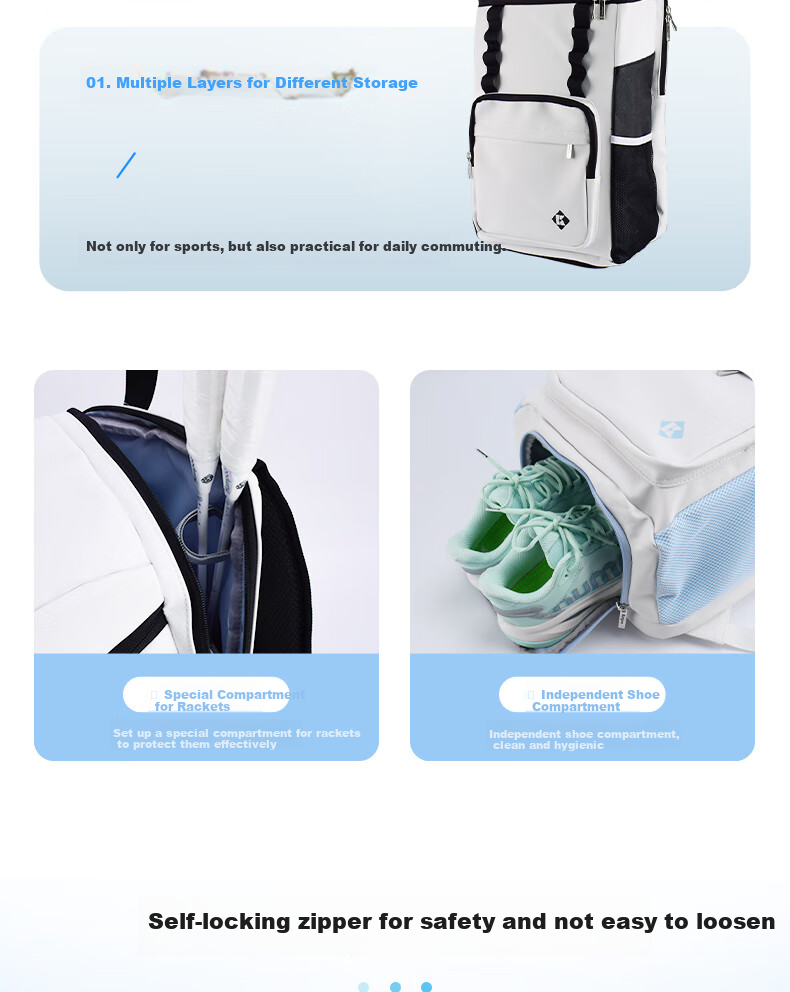 KUMPOO Badminton Bag with Separate Shoe Compartment, Multi-Compartment Fumigation Wind Double Zipper Multifunctional Backpack Shoulder Bag White And Black KBR-636 6
