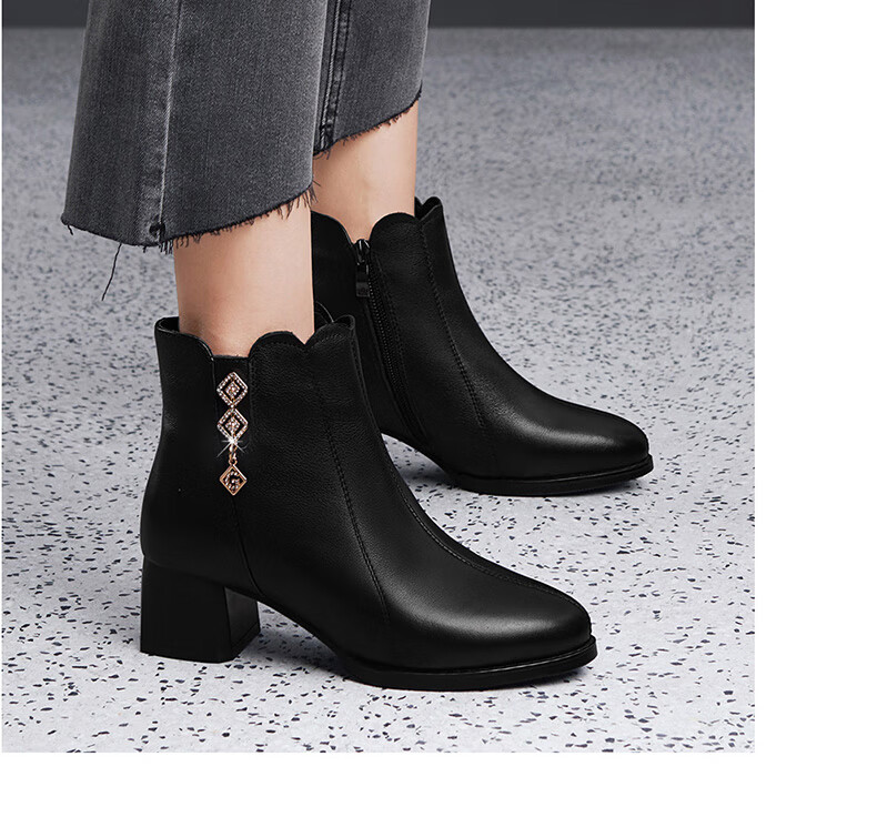 FUGUINIAO Genuine Leather Cowhide Women's Ankle Boots Autumn Winter Fleece Lined Warm Pointed Toe Chunky Heel Fashion Boots Black Size 35 8