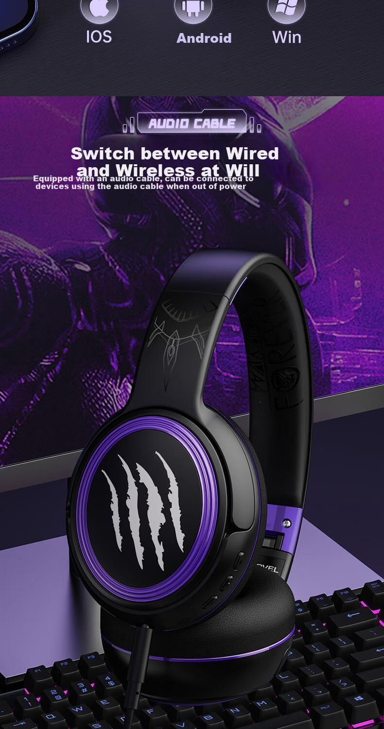 Disney Marvel Co-Branded Wireless Bluetooth Headphones, Over-Ear, Long Battery Life, for E-Sports Gaming, Sports, Music, Computer Headset, Couples Birthday Gift for Men, MR13 Black Panther 9