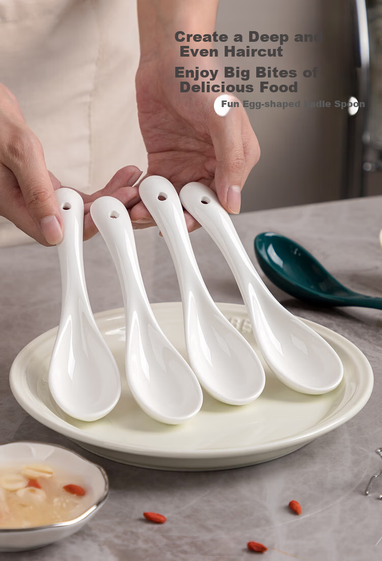 Banwushenghuo Ceramic Large Spoon, Household Long-Handled Soup Ladle, Porridge Scoop, Large Soup Spoon, High-Quality Serving Spoon, Porridge Mixing Spoon, Dining Spoo 2
