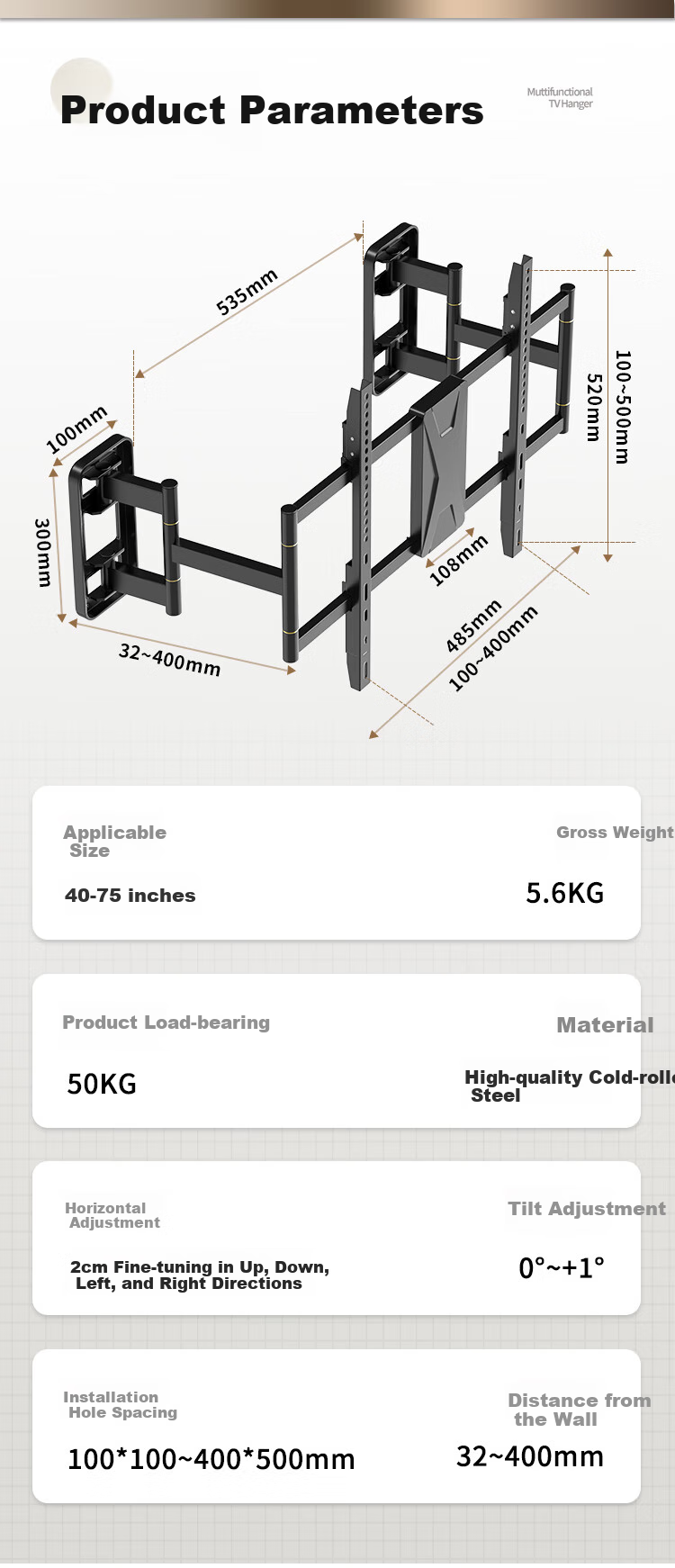 TAZD TV Wall Mount Bracket for 26-65 Inch, Smart Screen LCD Wall-Mounted Thickened Frame Ultra-Thin Home And Commercial Use 55-Inch Wall Hanging TV Bracket Compatible with Multiple Brands 4