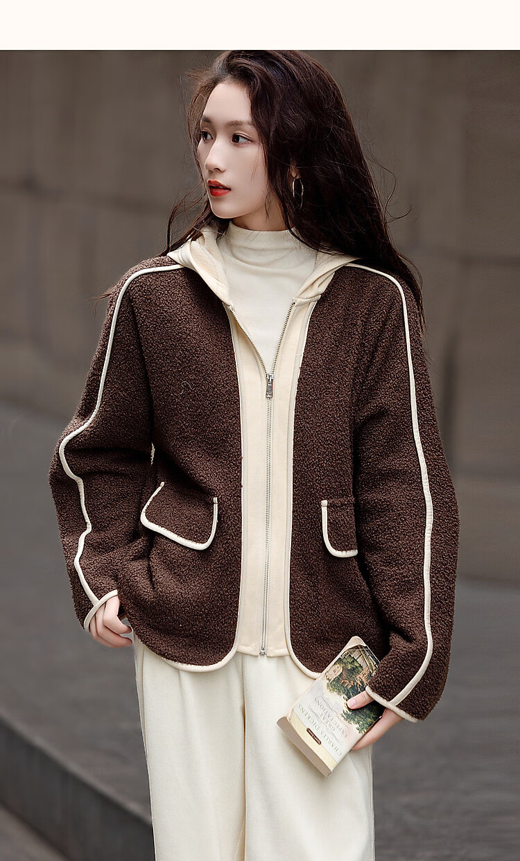 Demana Twilight Traveler Winter Urban Sports Hooded Eco-Friendly Colorblock Faux Shearling Patchwork Slimming Women's Short Jacket 7