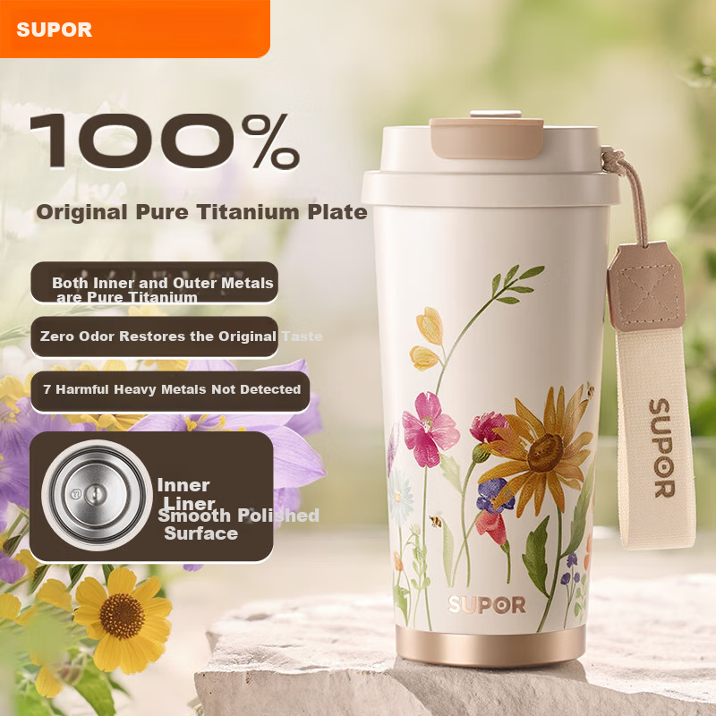 SUPOR Pure Titanium Coffee Mug, Portable Titanium Cup for Women, Large Capacity Insulated Water Bottle, Stylish Birthday Gift